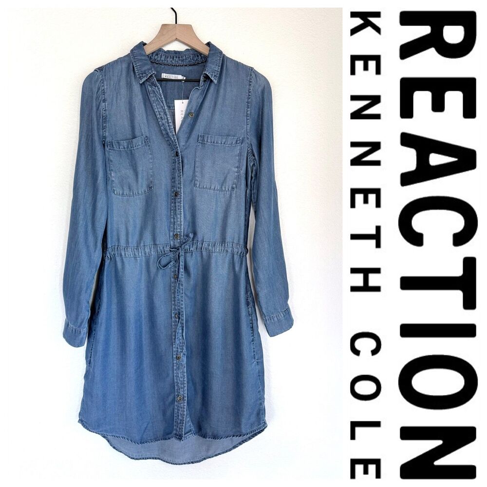 NWT Kenneth Cole Reaction Women's Tencel Chambray Roll Tab Sleeve Shirt Dress M